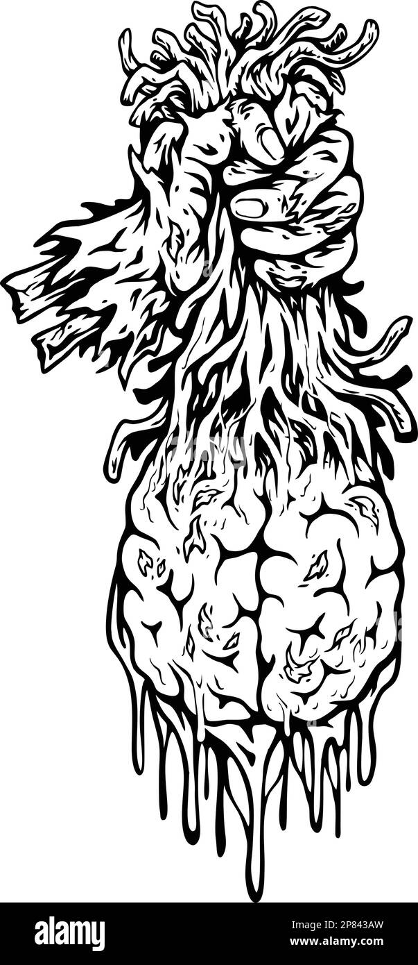 Monster zombie holding brain monochrome vector illustrations for your work logo, merchandise t-shirt, stickers and label designs, poster, greeting car Stock Vector