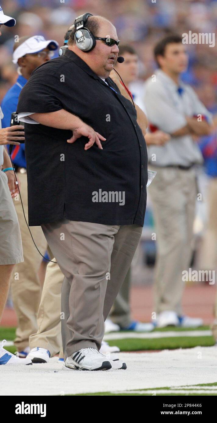 Kansas head coach Mark Mangino watches from the sidelines during the second quarter of an NCAA
