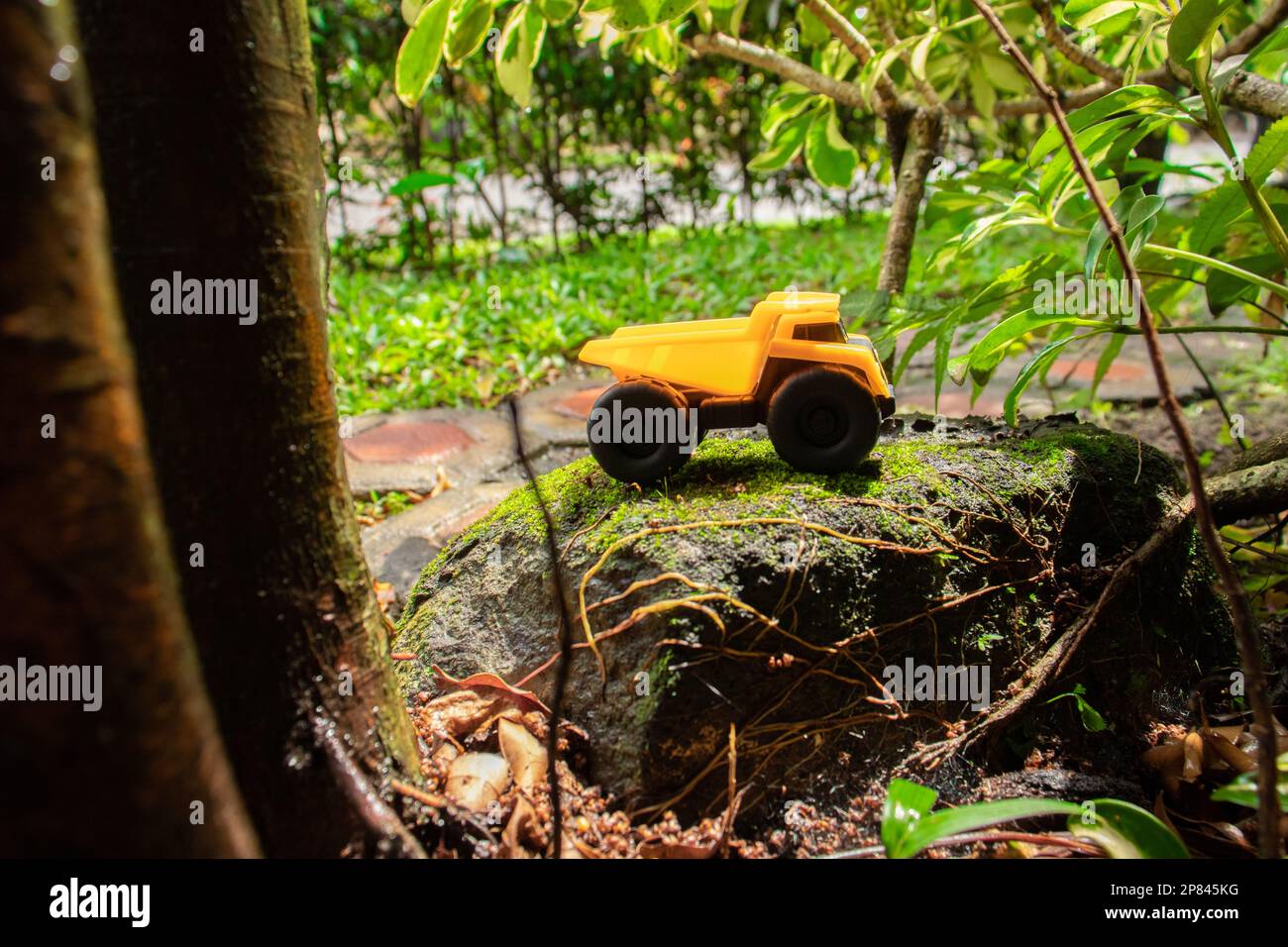 A photo after some edits. A yellow dump truck on a mossy stone. Stock Photo