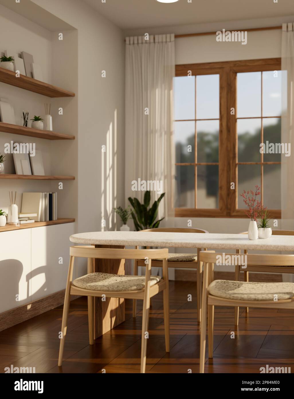 Close-up image, Empty space on minimal dining table with decor in cozy ...