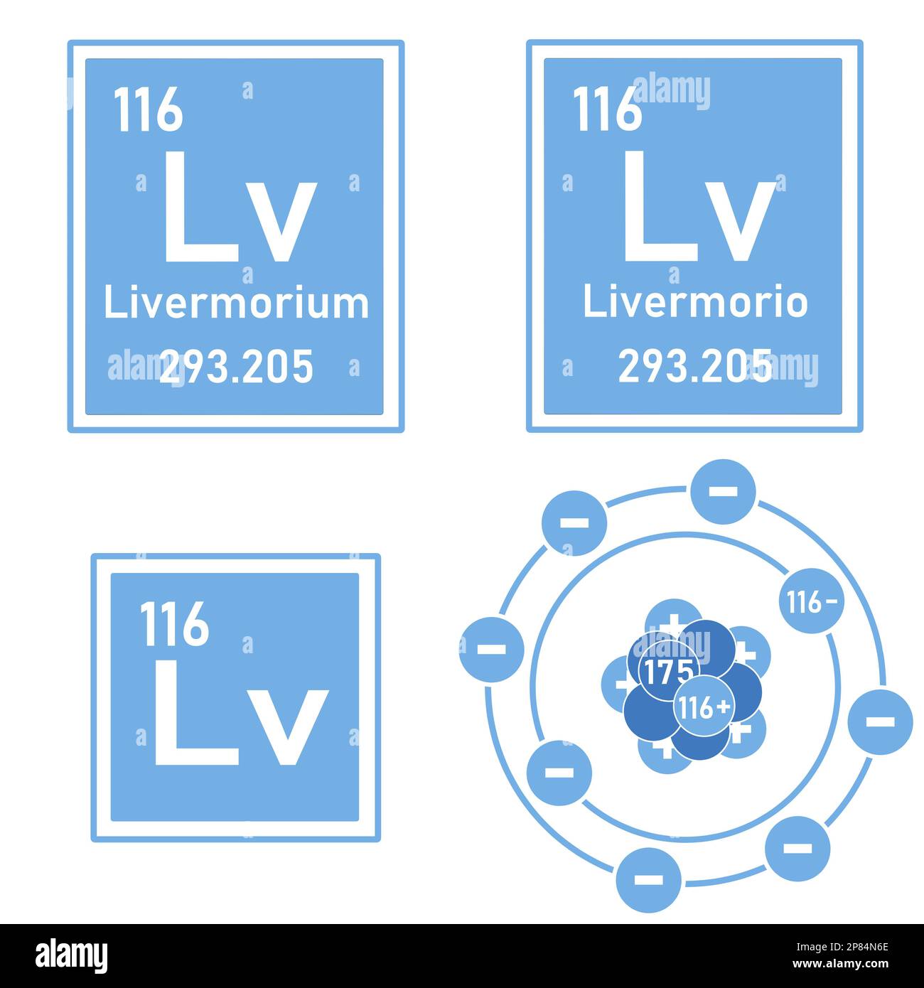 Blue icon of the element Livermorium of the periodic table with representation of its atom Stock Photo