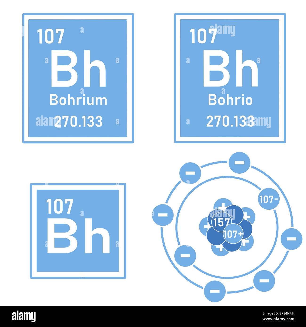 Blue icon of the element Bohrium of the periodic table with representation of its atom Stock Photo