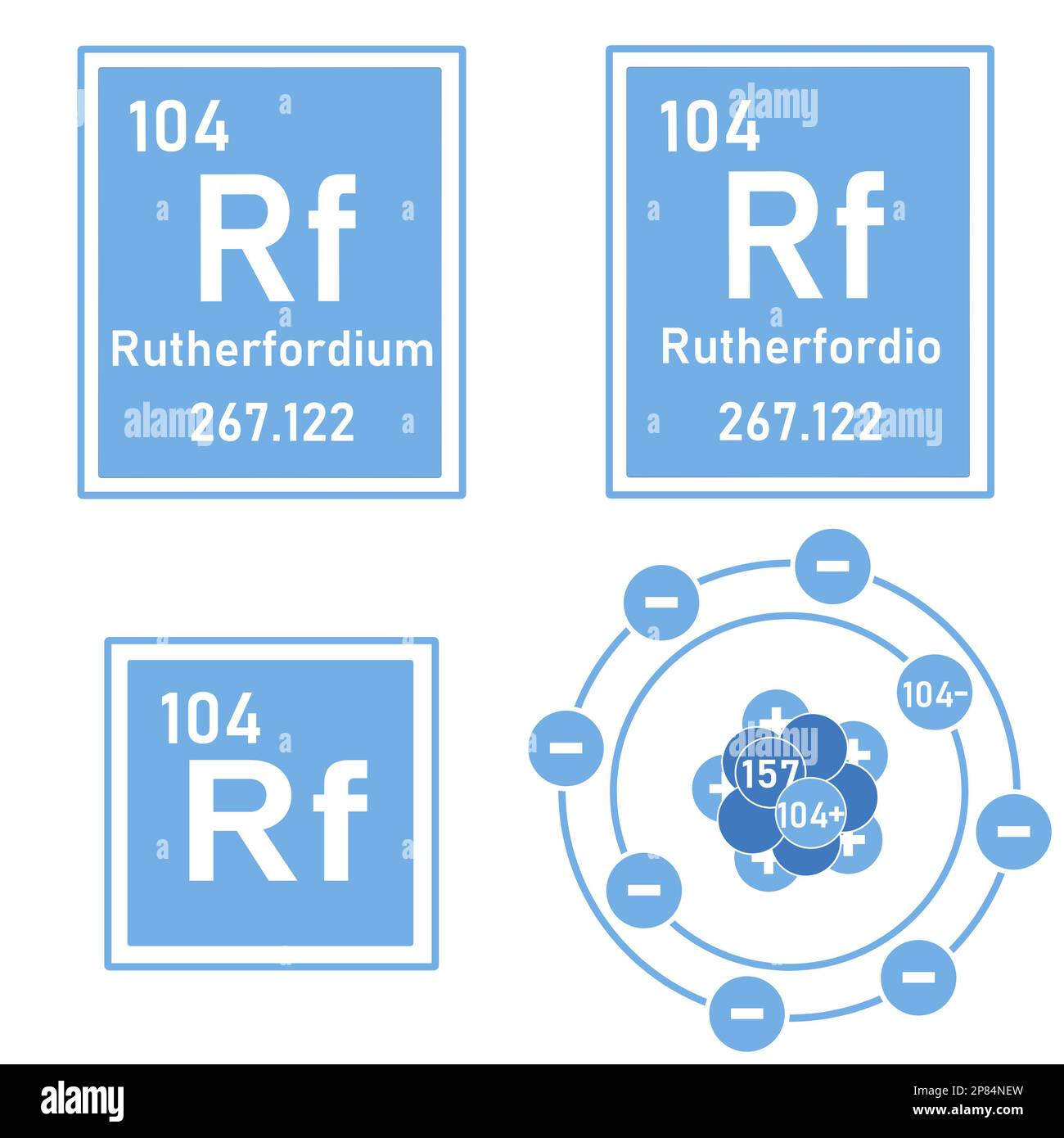 Blue icon of the element Rutherfordium of the periodic table with representation of its atom Stock Photo