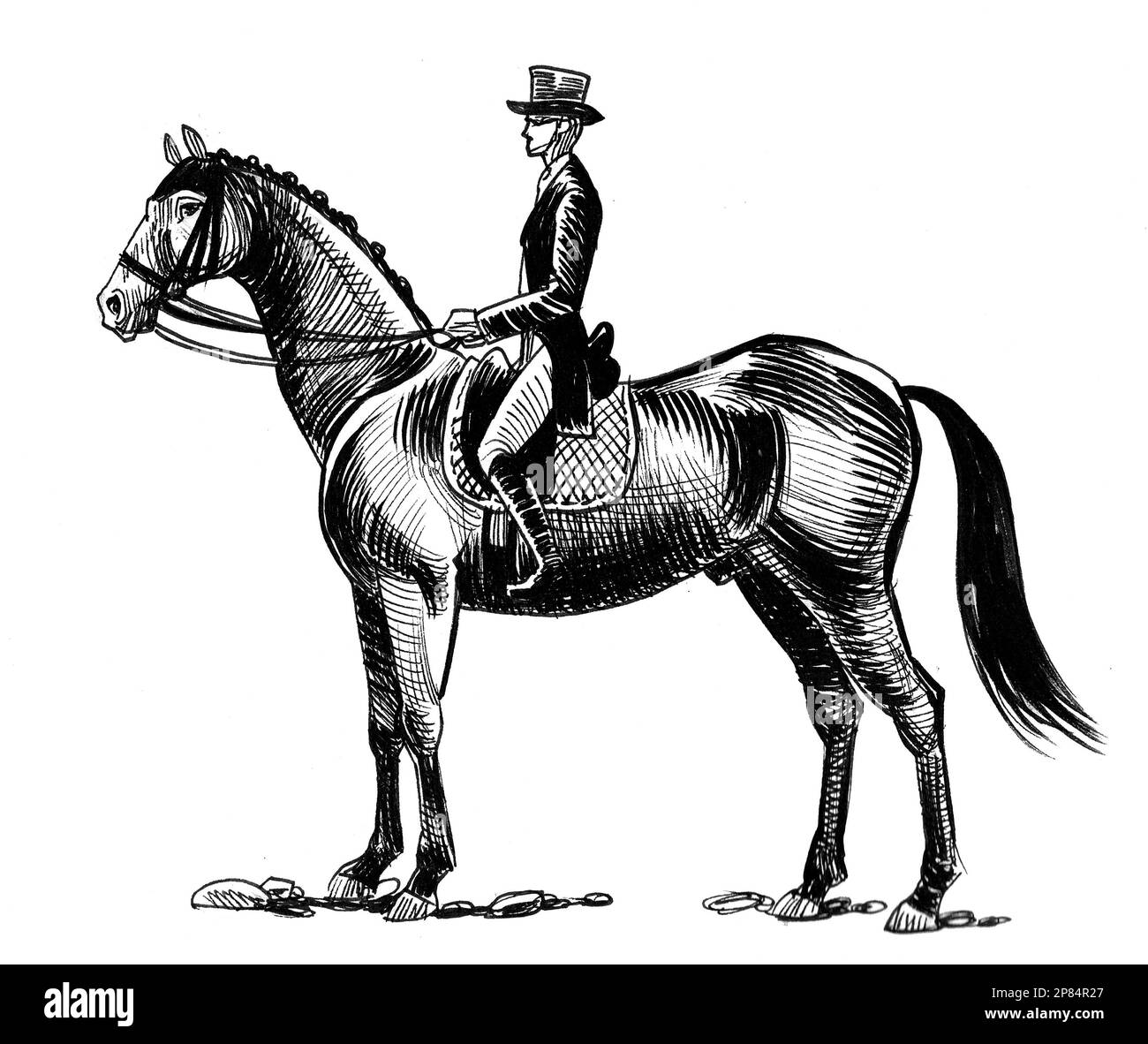Joker riding a horse. Ink black and white drawing Stock Photo