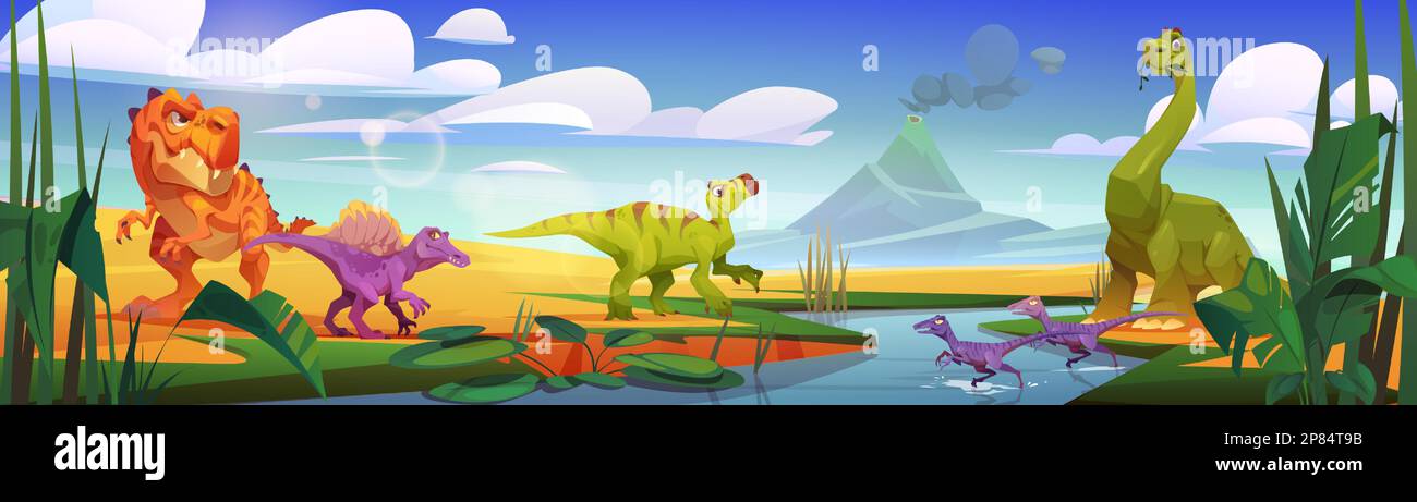 Cartoon dinosaurs drinking water from river on sunny day. Vector cartoon illustration of ancient Jurassic era animals on tropical landscape with volcano eruption. Prehistoric adventure game background Stock Vector