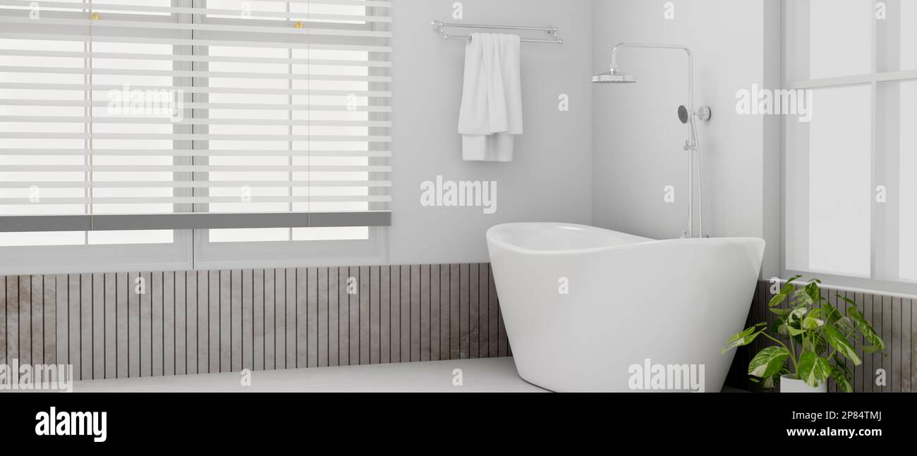 https://c8.alamy.com/comp/2P84TMJ/modern-white-and-clean-bathroom-interior-design-with-elegant-bathtub-towel-on-towel-rack-window-with-window-blinds-white-wall-and-houseplant3d-re-2P84TMJ.jpg