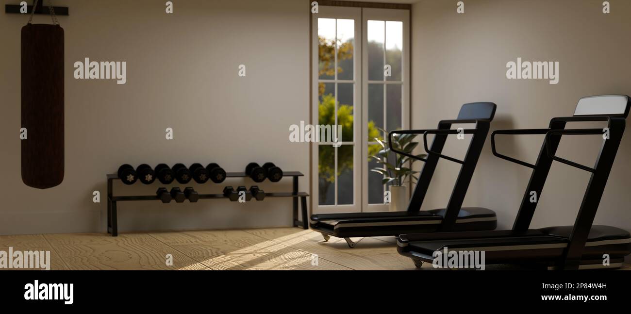 Modern small fitness room interior design with treadmills, punching bag ...