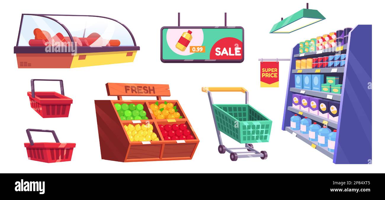 Supermarket, store and market shelves, showcases with grocery, stand with fruits and vegetables, refrigerator, baskets and trolley cart, vector cartoon set isolated on white background Stock Vector