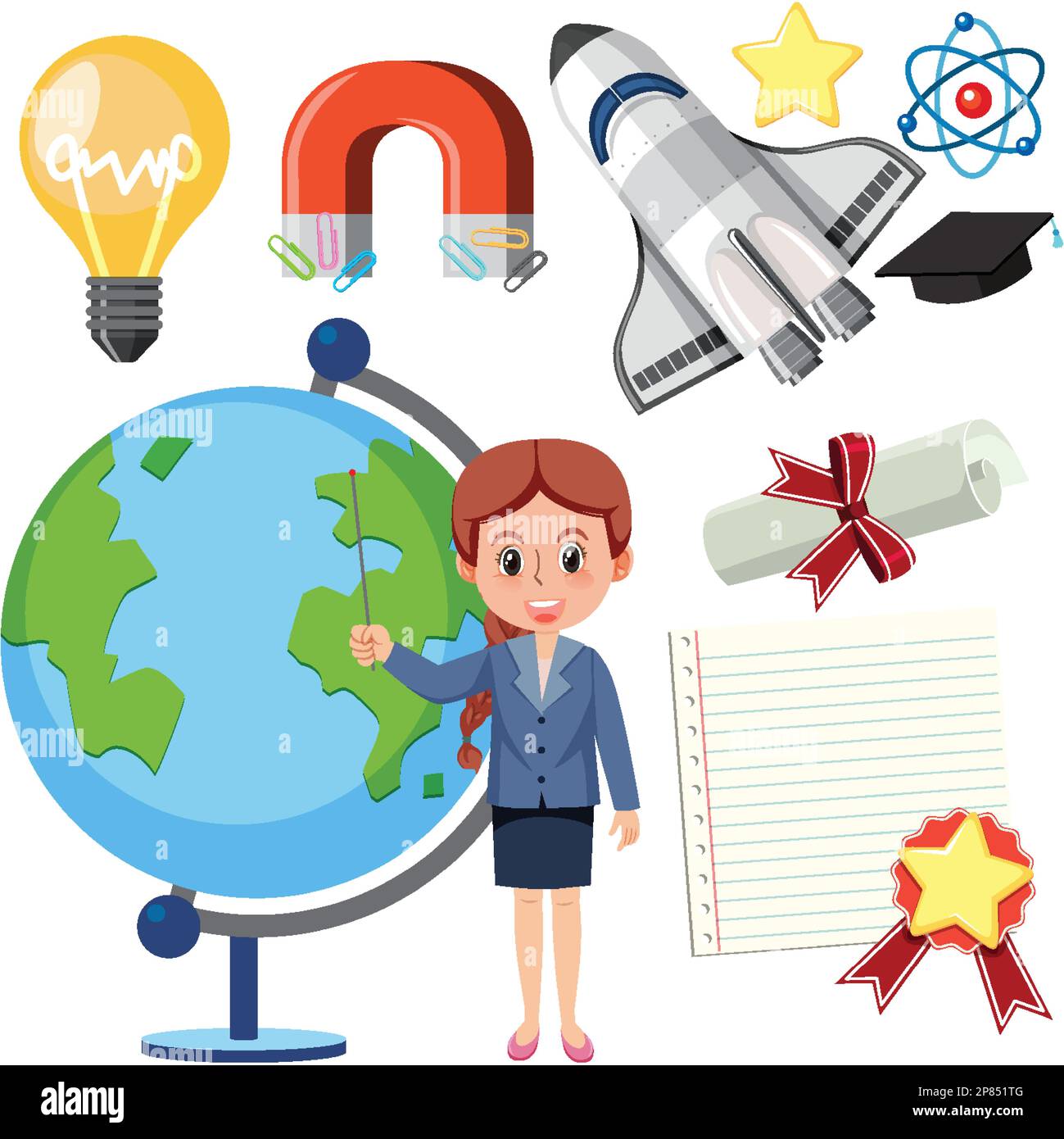 Set of teaching equipment tools and teacher cartoon characte