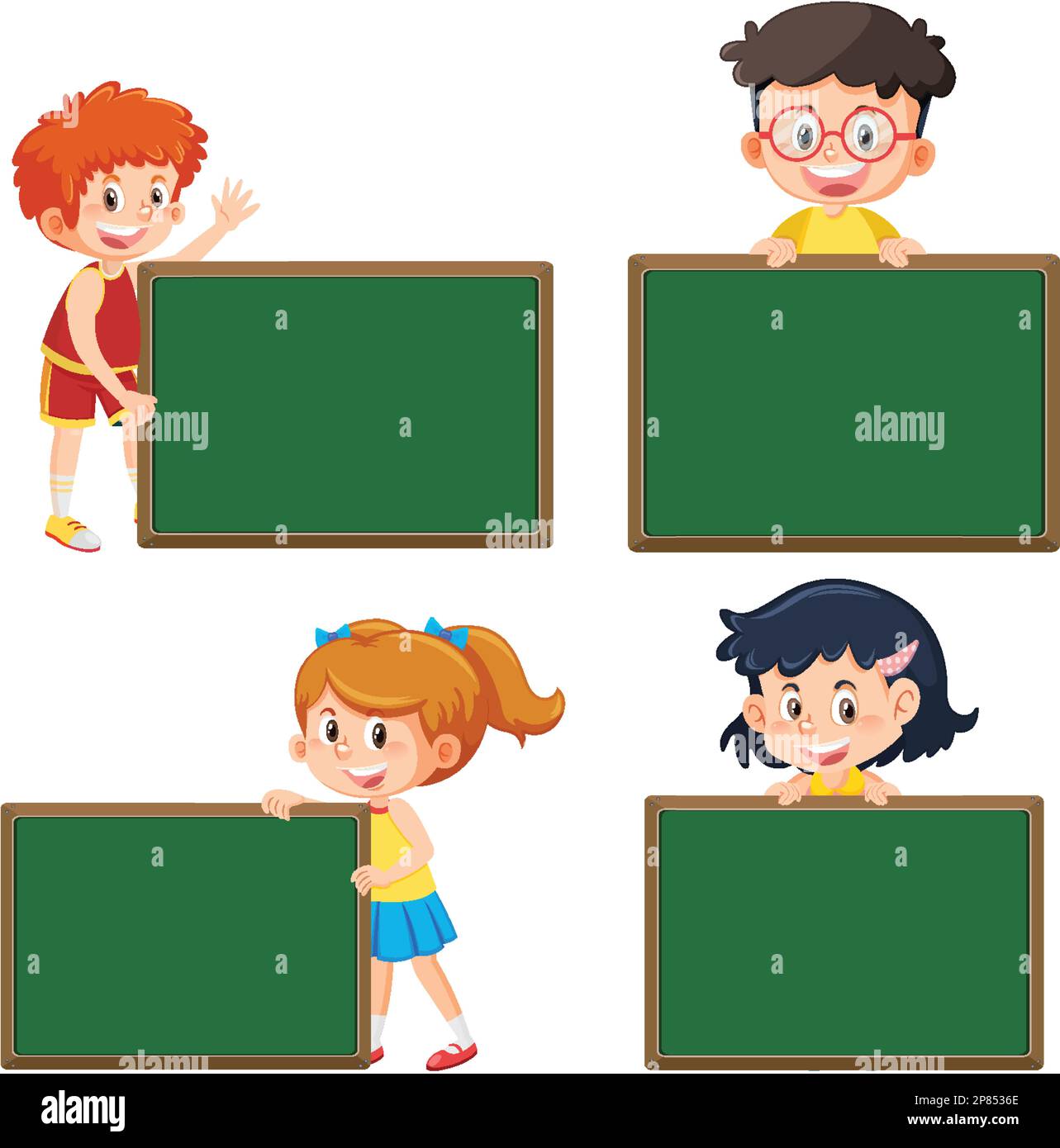 Set of kid cartoon character with empty board illustration Stock Vector ...