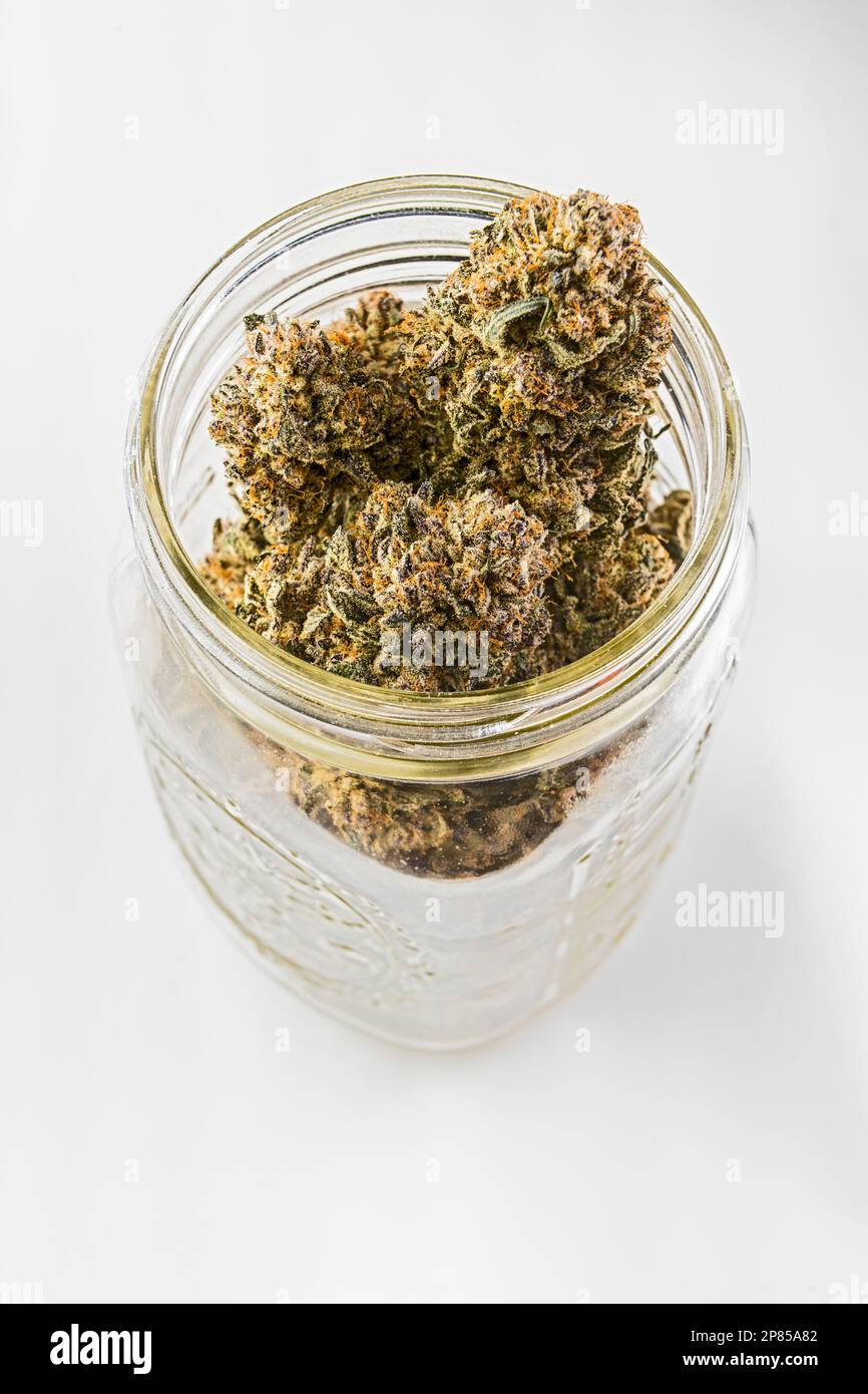 Mason jar full of medical marijuana in Michigan, USA Stock Photo