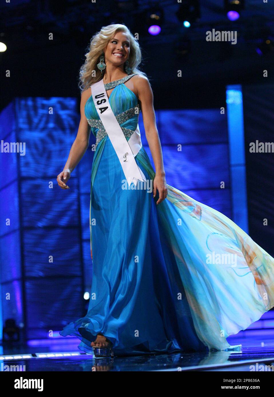 Miss USA Kristen Dalton walks the runway in the evening gown segment of the  2009 Miss Universe Preliminary Competition, at Atlantis, Paradise Island,  Bahamas, Sunday, Aug. 16, 2009. During the Aug. 23