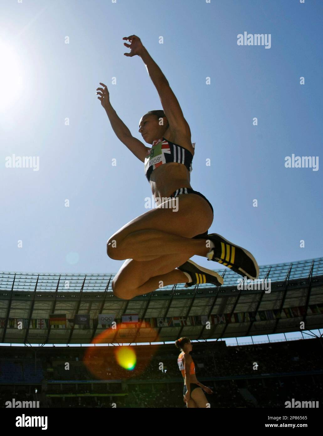 Britain's Jennifer Ennis makes an attempt in the Long Jump of the Women ...