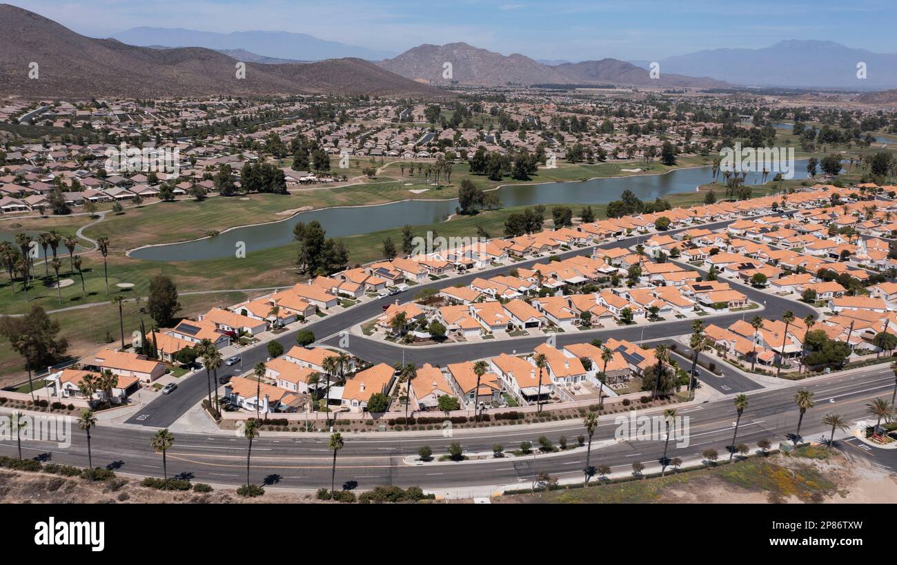 Aerial view of a sprawling neighborhood of family homes in Menifee