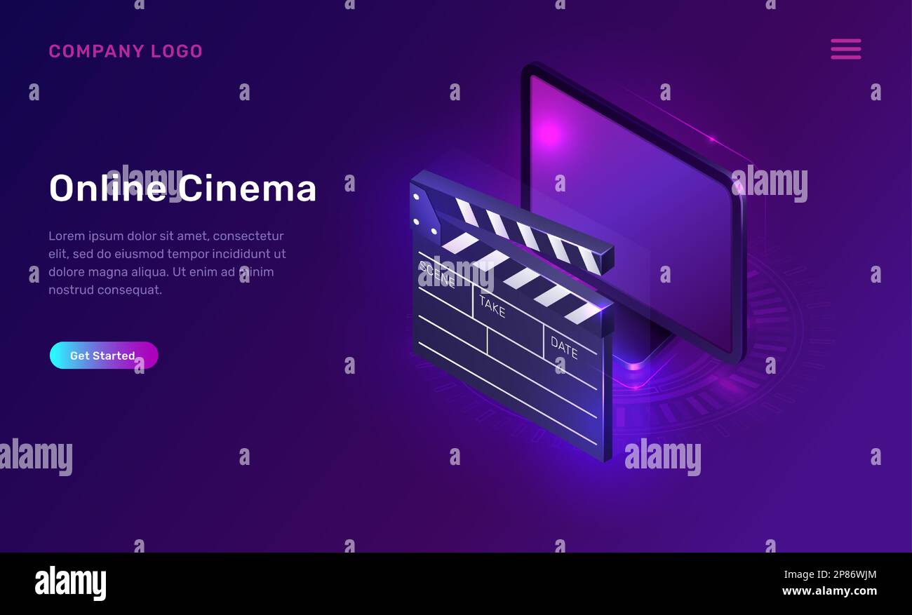 Online cinema or movie, isometric concept vector illustration. Computer monitor or TV screen