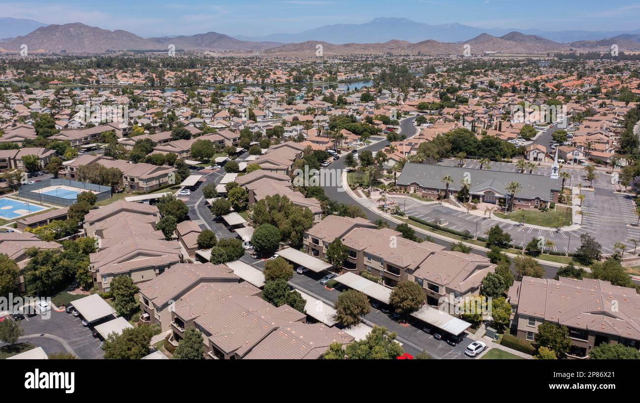 Aerial view of a sprawling neighborhood of family homes in Menifee