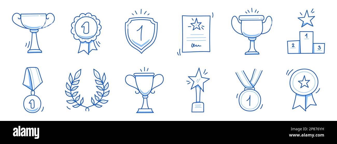 Award icon doodle hand drawn set. Winner trophy cup, champion medal, win certificate. Hand drawn doodle sketch style champion, victory, success elements. Vector illustration Stock Vector