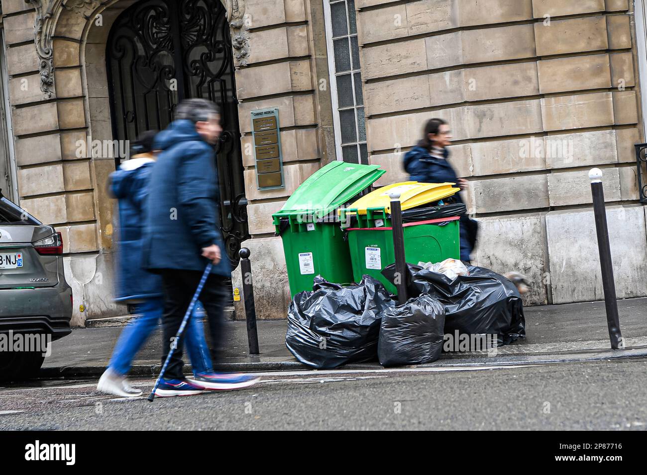Illustration picture shows full bins on March 8, 2023 in Paris. A