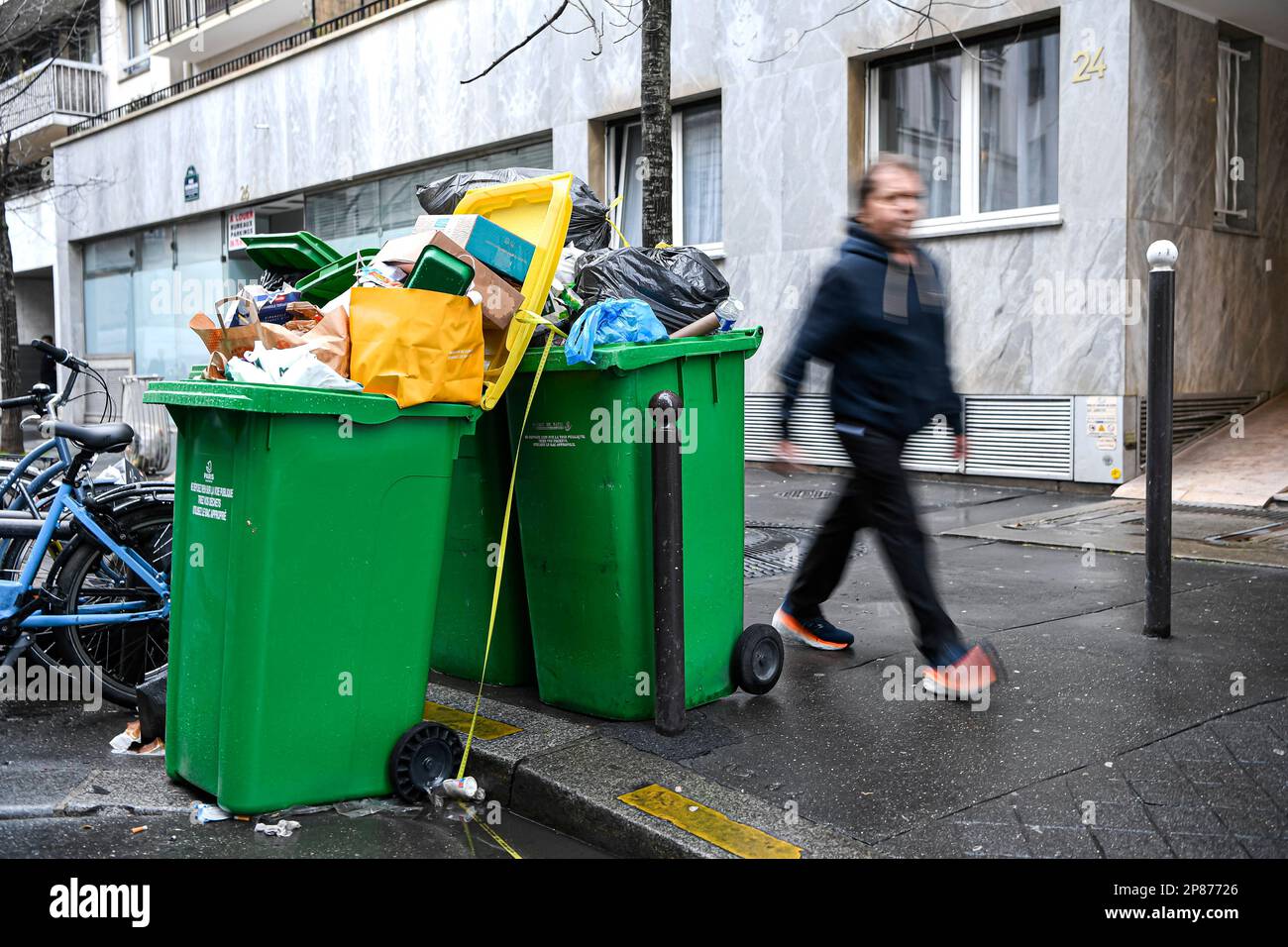 Illustration picture shows full bins on March 8, 2023 in Paris. A