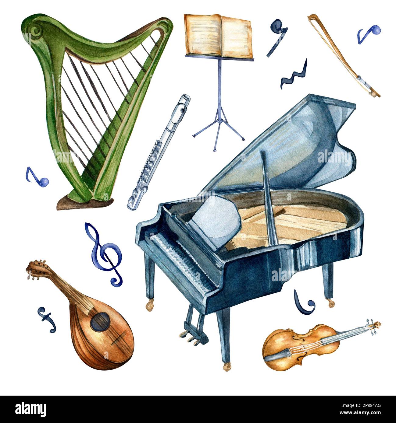 Harp, violin, grand piano and mandoline watercolor illustration