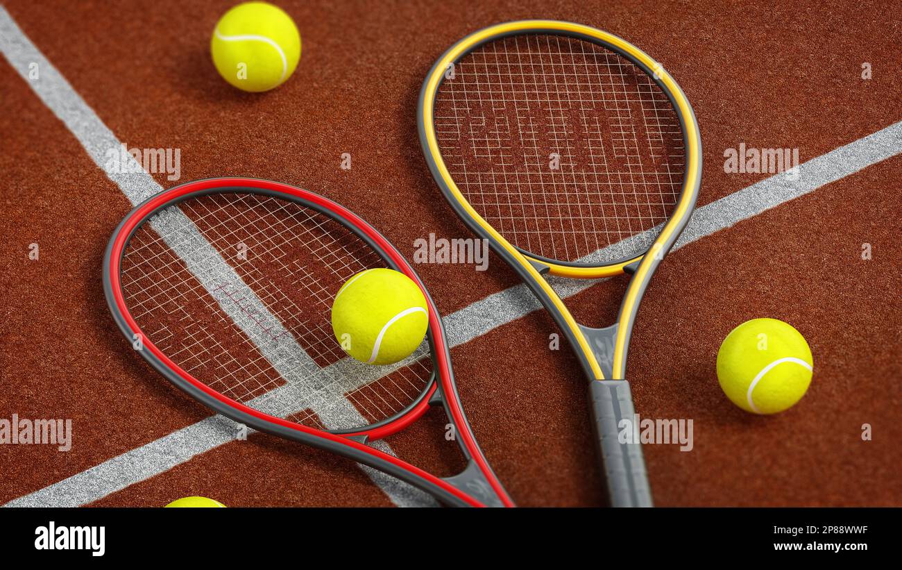 Titanic Racket Court Tennis rackets and balls on hard court. 3D illustration Stock Photo - Alamy