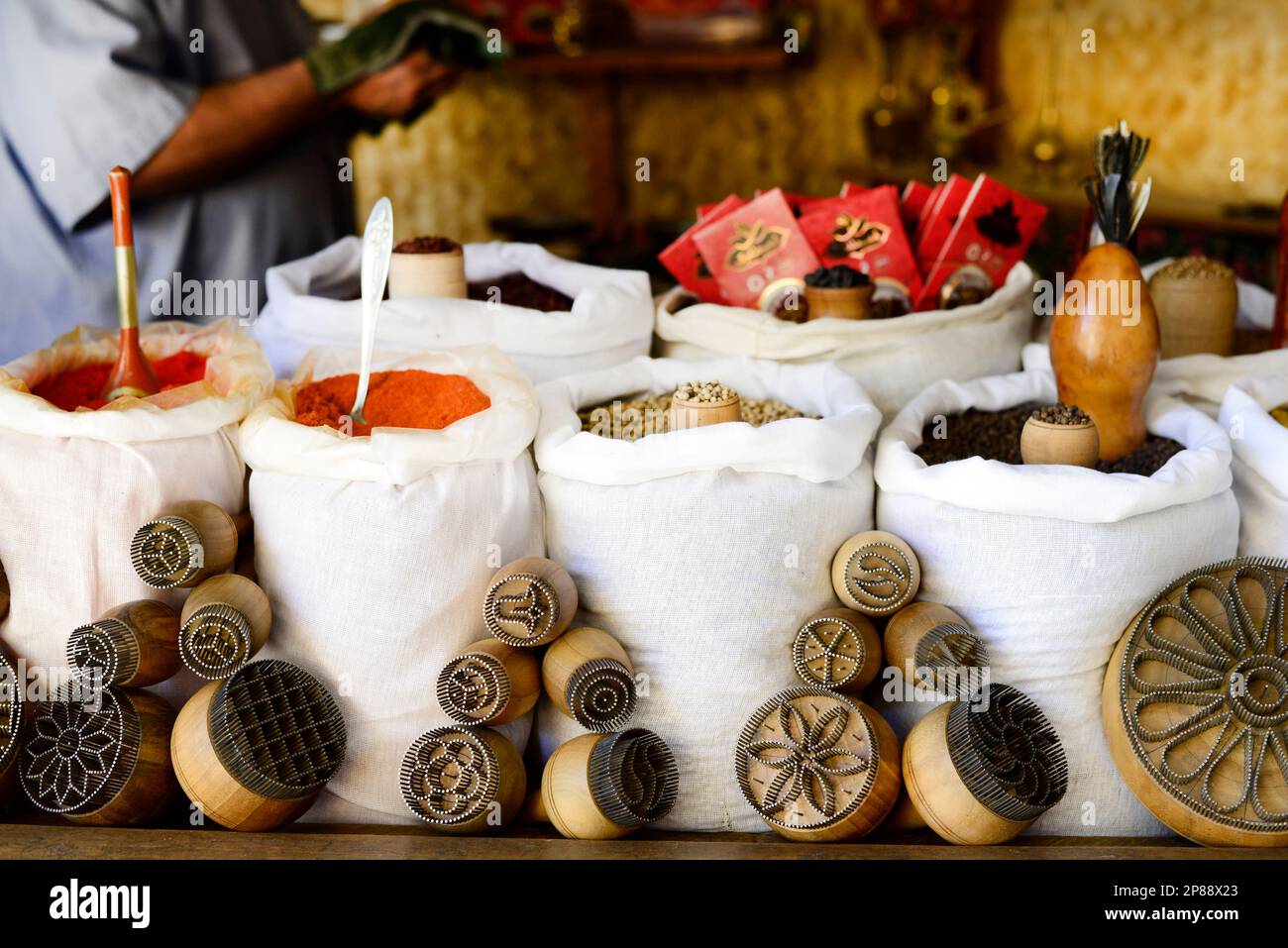 A colorful spice shop at the old bazaar in  the old city Bukhara, Uzbekistan. Stock Photo