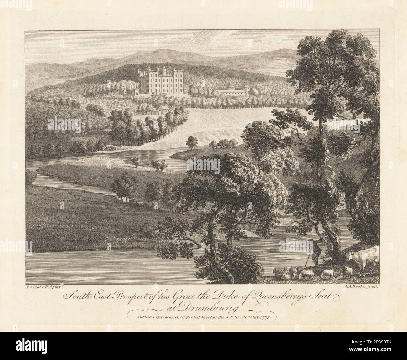South-east prospect of the Duke of Queensberry's seat at Drumlanrig, Scotland. The Pink Palace or Drumlanrig Castle, 17th century Renaissance house built in pink sandstone. Home of Scottish landowner William Douglas, 4th Duke of Queensberry. Copperplate engraving by Michael Angelo Rooker after an illustration by Paul Sandby from The Copper Plate Magazine or Monthly Treasure, G. Kearsley, London, May 1, 1775. Stock Photo