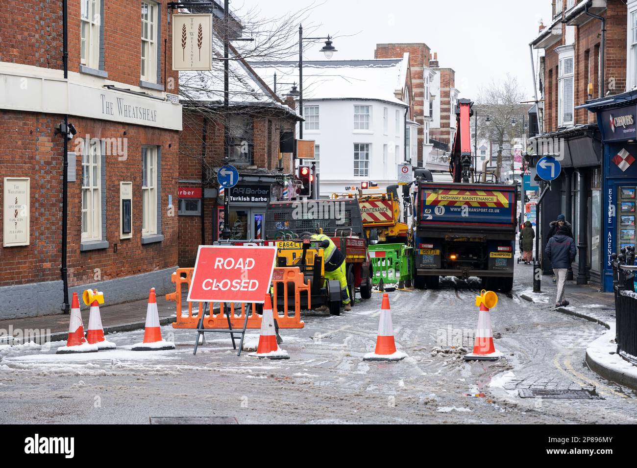 Winchester Road closed for contractors on behalf of Scottish and Southern Electricity Networks to undertake repairs on March 8th 2023. Basingstoke, UK Stock Photo