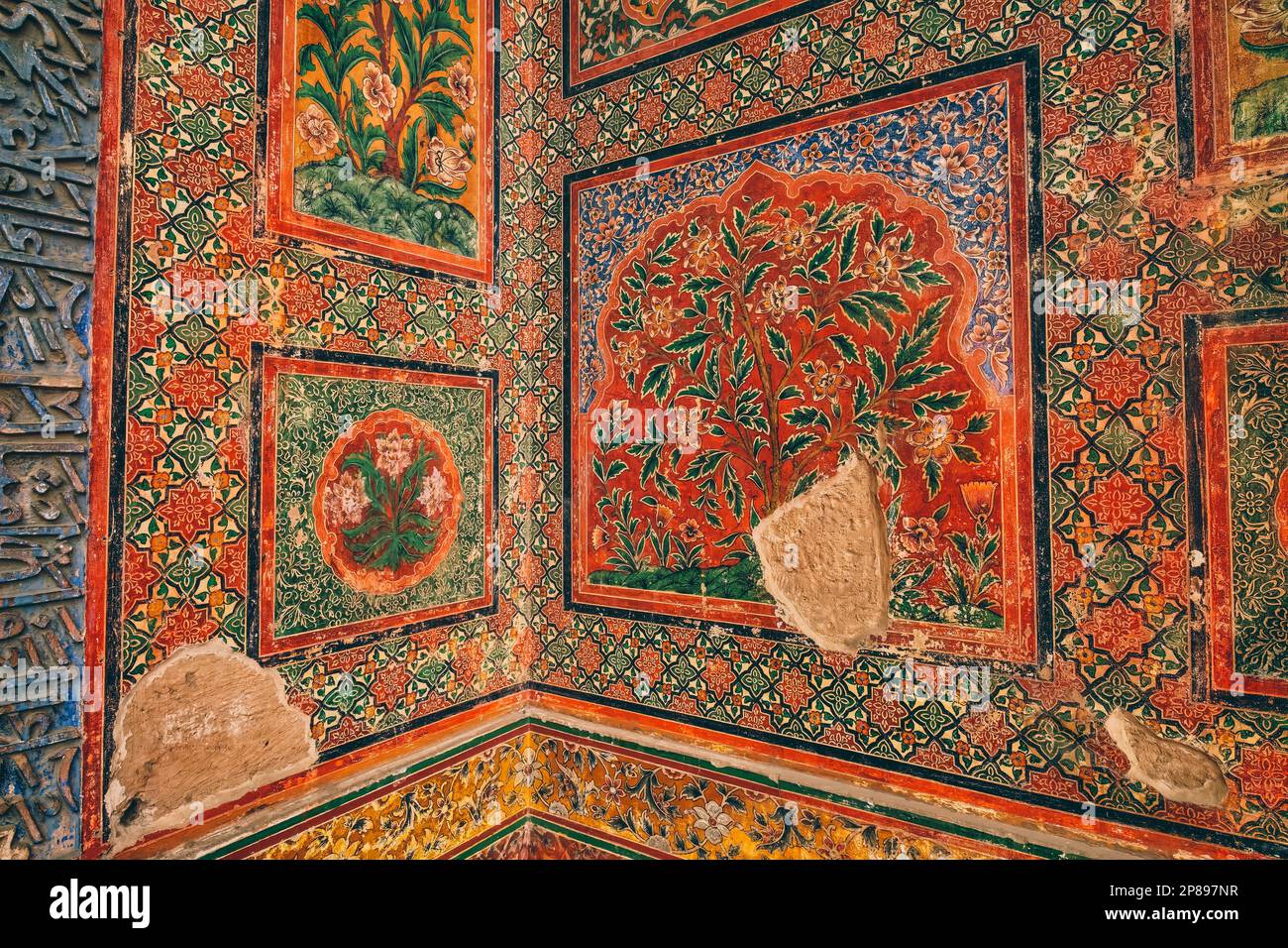 Rising damp in the main prayer chamber has damaged the fresco paint  Taken @Lahore, Pakistan Stock Photo
