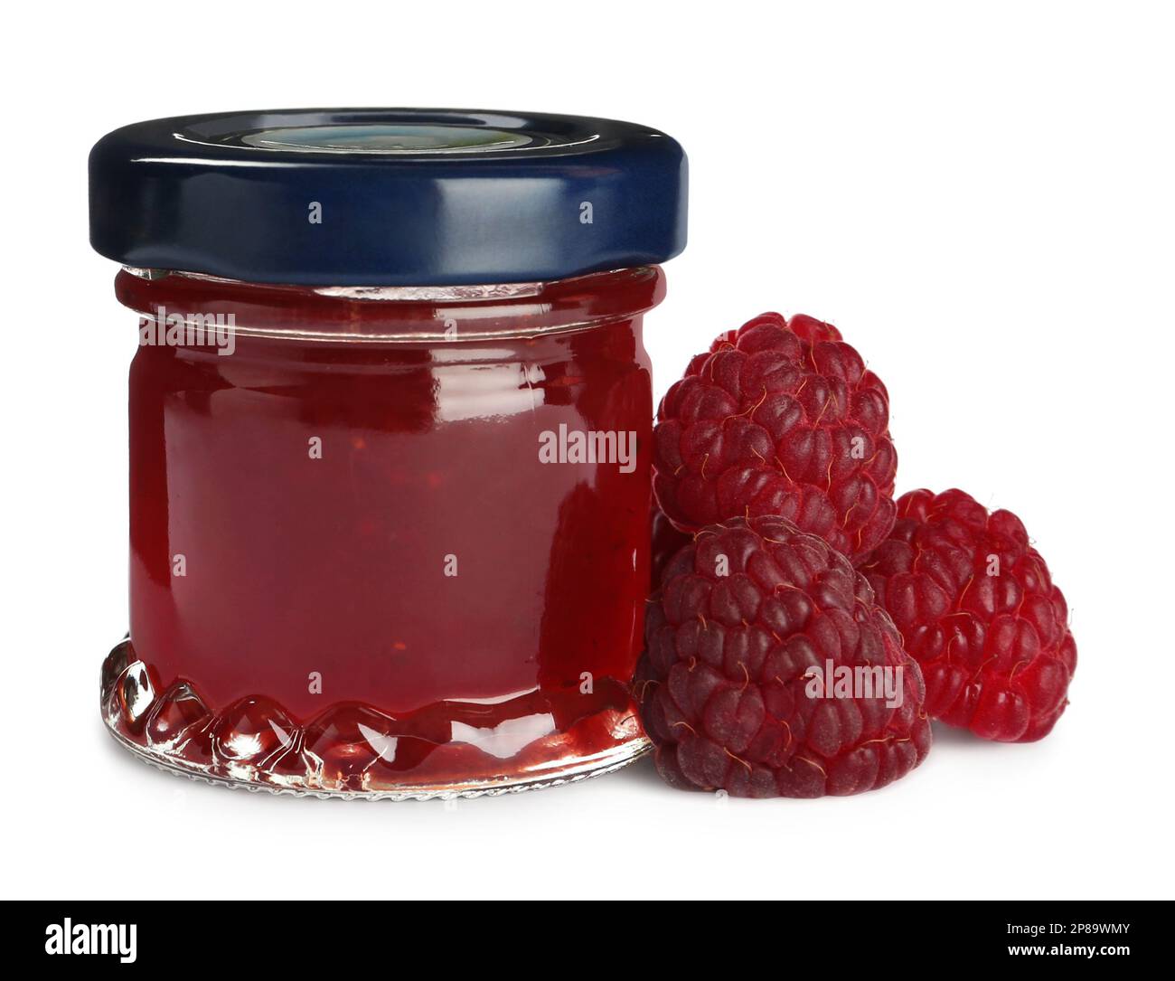 Jar of sweet raspberry jam on white background Stock Photo - Alamy