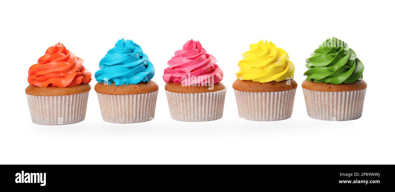 Different delicious colorful cupcakes on white background Stock Photo