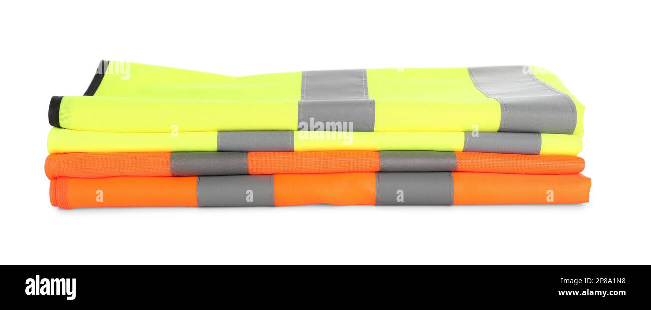 Reflective vests isolated on white. Safety equipment Stock Photo - Alamy