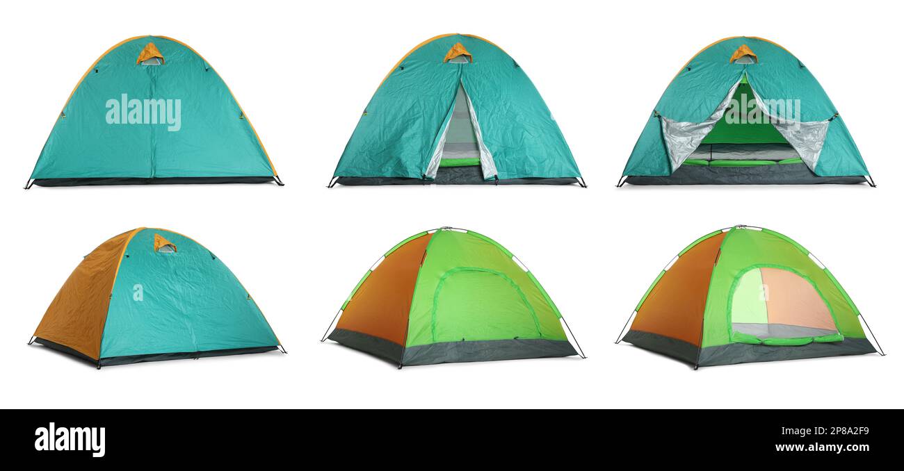 Colorful camping tents on white background, collage. Banner design ...