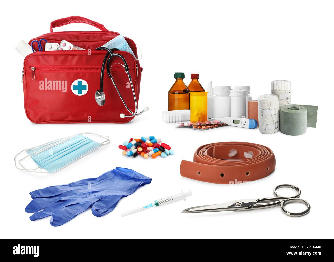 First aid kit. Set with different medical supplies on white background
