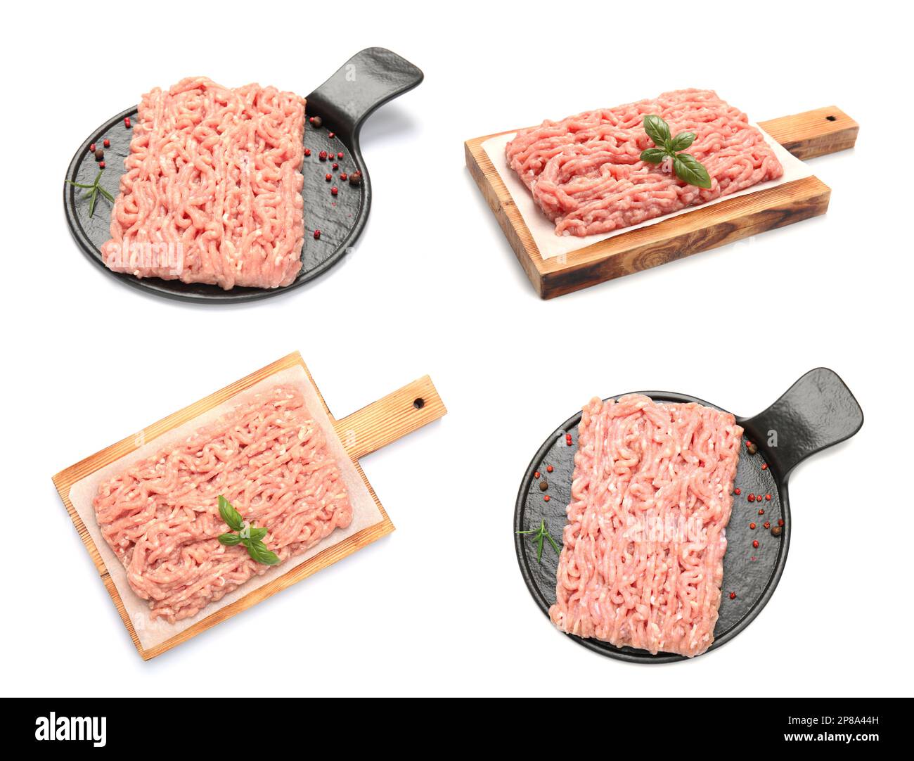 Set with fresh raw chicken minced meat on white background Stock Photo