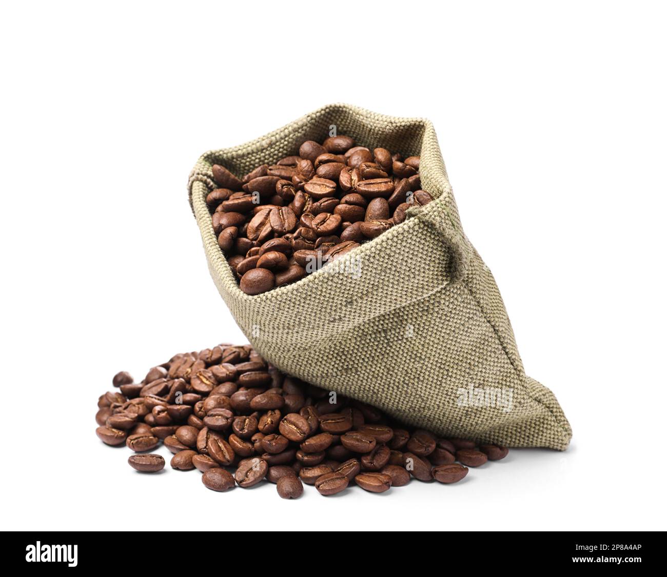 Sack and roasted coffee beans on white background Stock Photo - Alamy