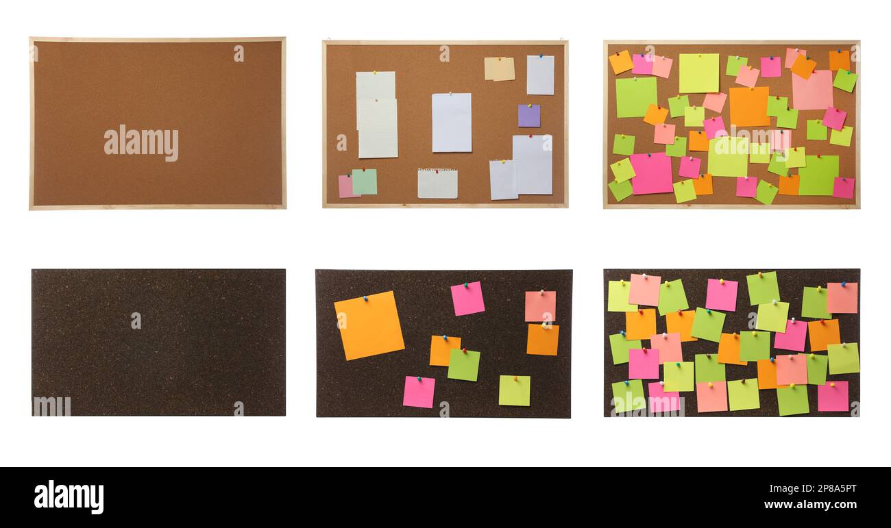 Cork boards with notes on white background, collage. Banner design