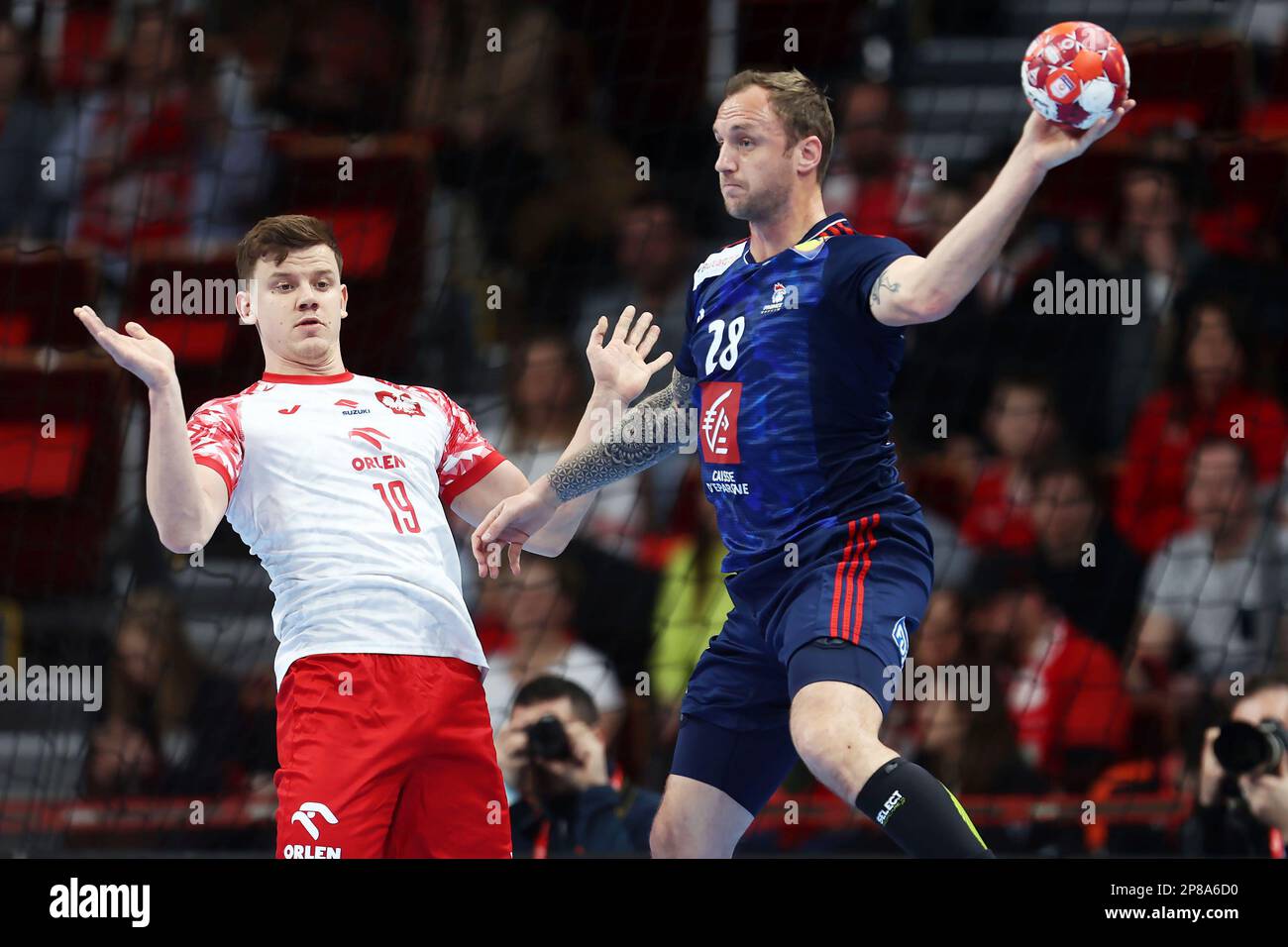 Jan Czuwara of Poland and Valentin Porte of France during the Men's EHF  Euro 2024, Qualifiers Handball match between Poland and France on March 8,  2023 at ERGO Arena in Gdansk, Poland -