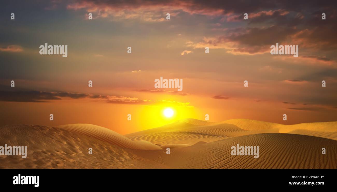 Beautiful view of sandy desert at sunset. Banner design Stock Photo Alamy