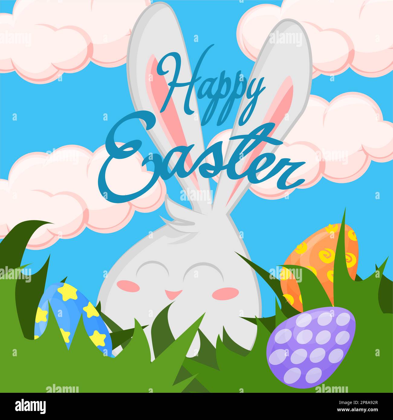 Cute cartoon rabbit hides in the grass to find eggs for easter Stock ...