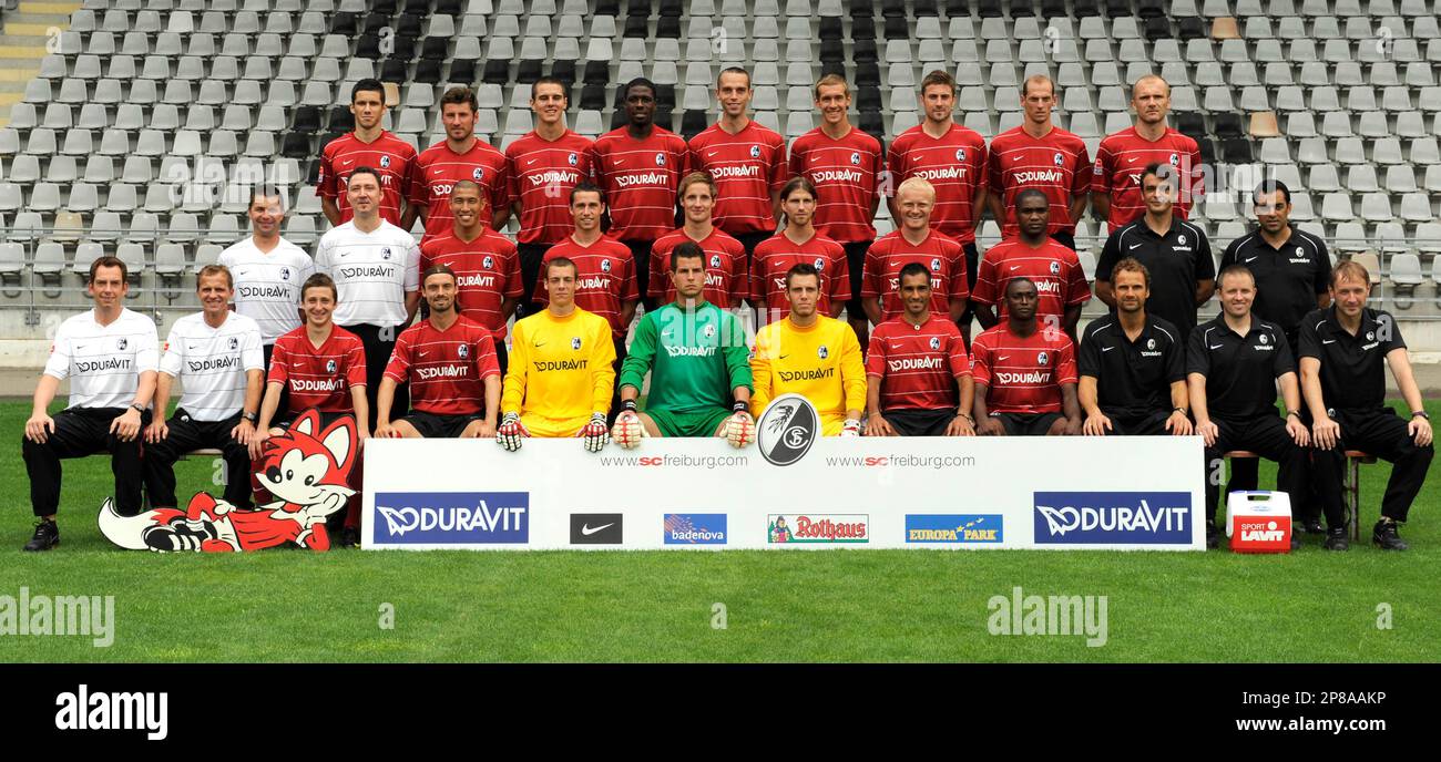 Players, coaches and assistants of Freiburg pose during the official photo opportunity of the German first division Bundesliga soccer club SC Freiburg in Freiburg, southern Germany, on Friday, July 3, 2009