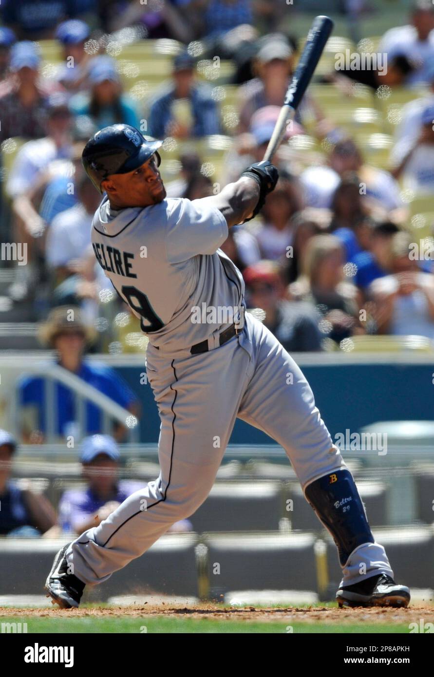 Seattle Mariners' Adrian Beltre grounds out during the seventh inning of a  baseball game against the Los Angeles Dodgers, Sunday, June 28, 2009, in  Los Angeles. Beltre had an RBI single in