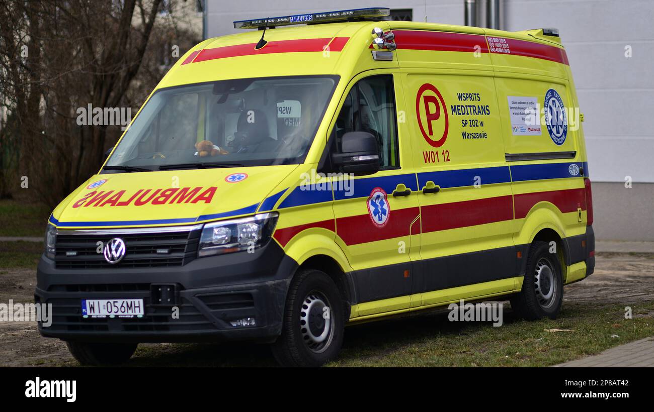 Warsaw, Poland. 8 March 2023. Ambulance car Volkswagen Transporter in the city street. Stock Photo