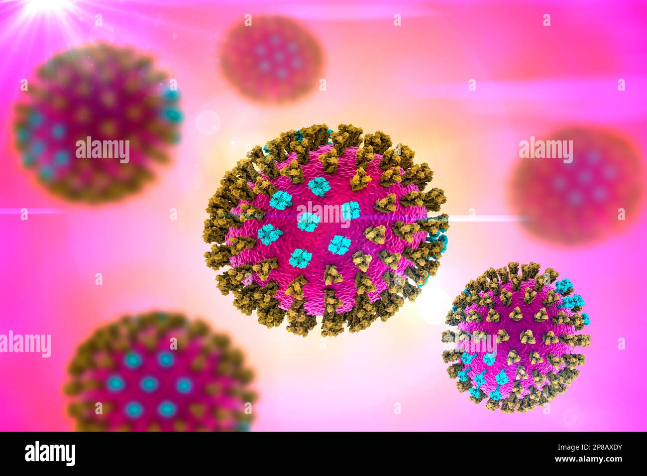 Flu viruses, computer illustration. Each virus consists of a core of RNA (ribonucleic acid) genetic material surrounded by a protein coat (purple). Em Stock Photo