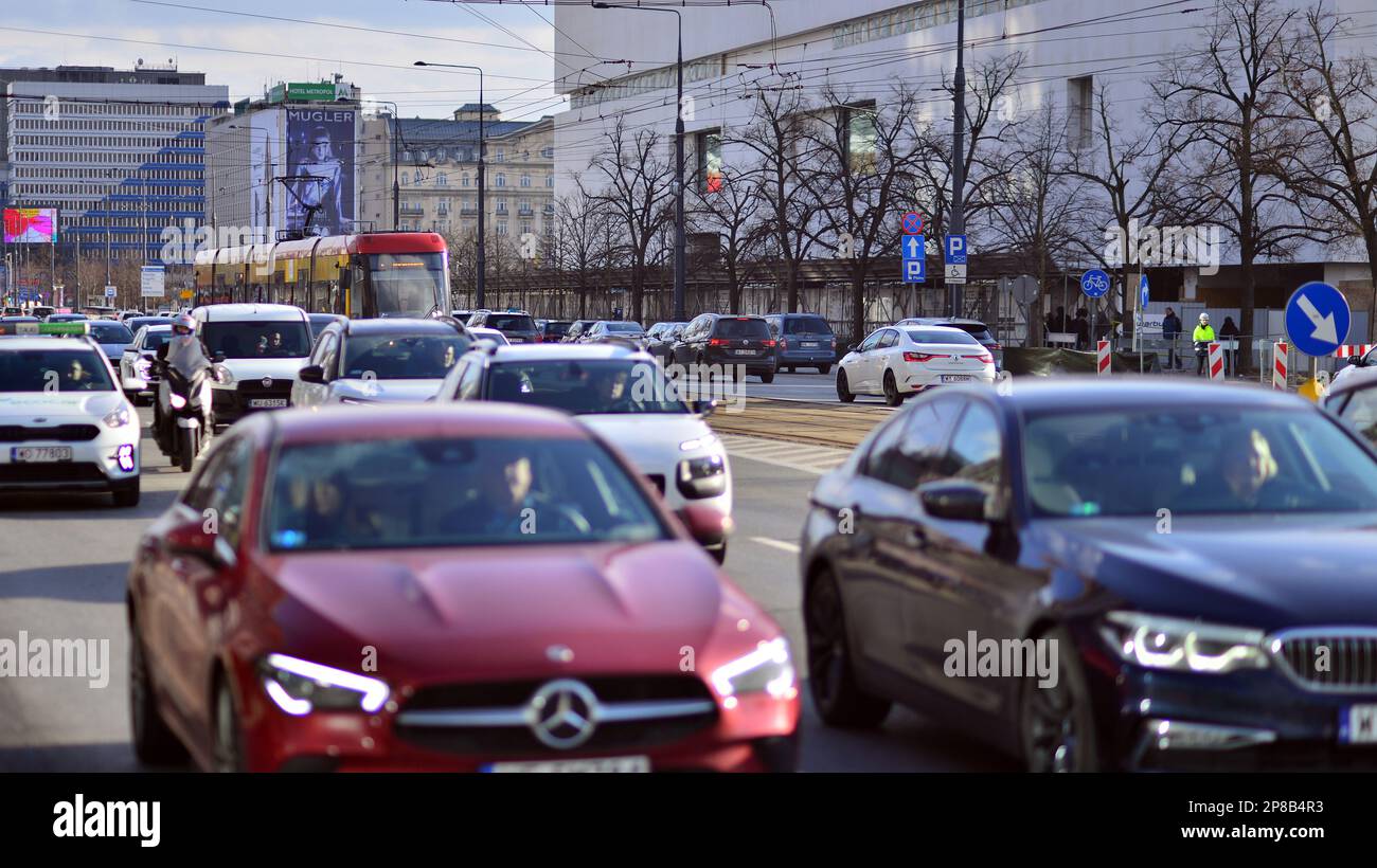 Warsaw, Poland. 8 March 2023. Car traffic at rush hour in downtown area of the city. Car pollution, traffic jam in all day long. Stock Photo
