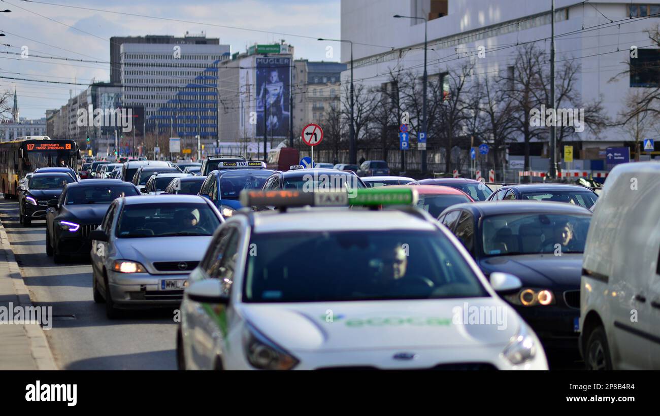 Warsaw, Poland. 8 March 2023. Car traffic at rush hour in downtown area of the city. Car pollution, traffic jam in all day long. Stock Photo