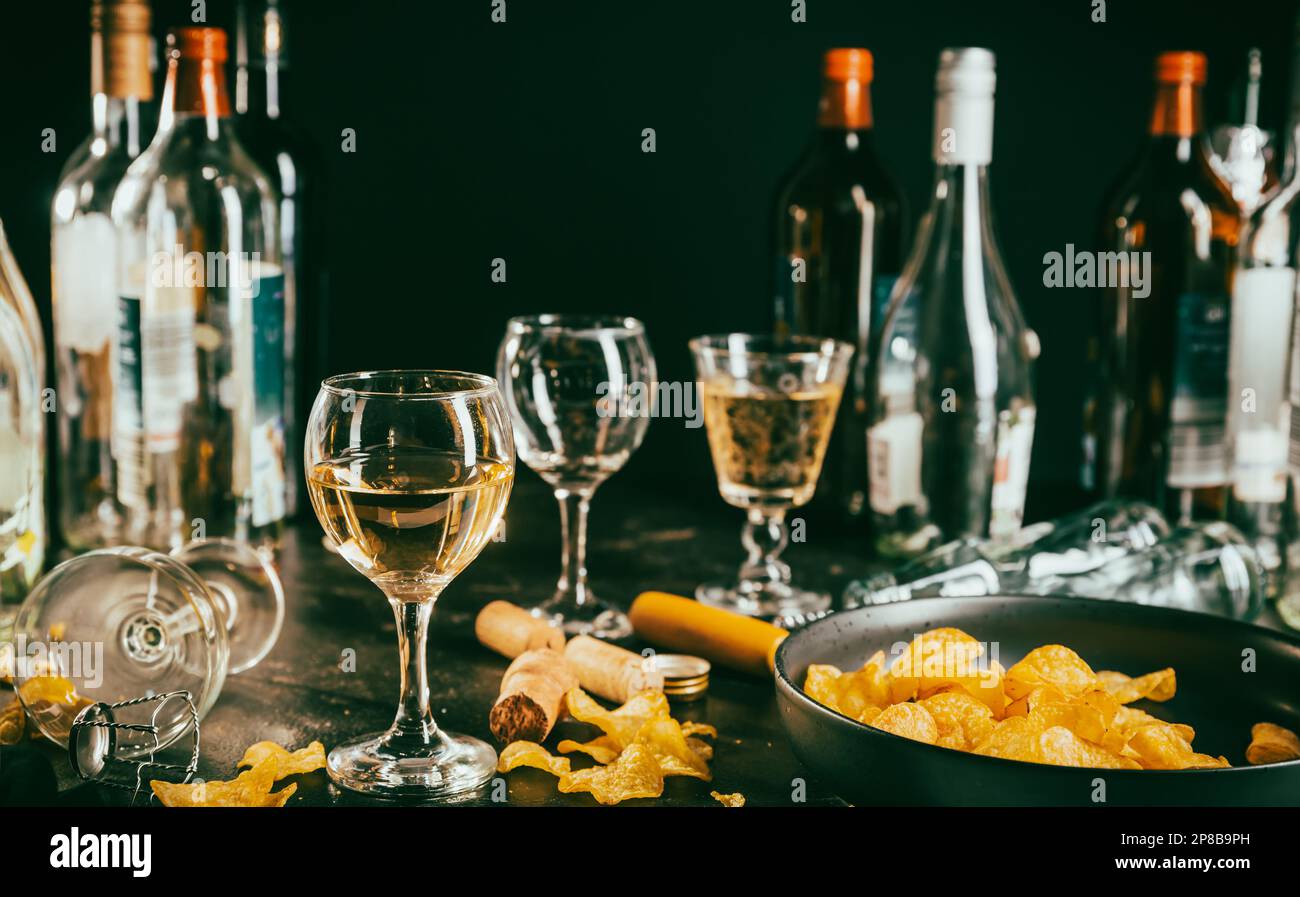 After party empty bottles, concept of alcoholism, alcohol abuse and