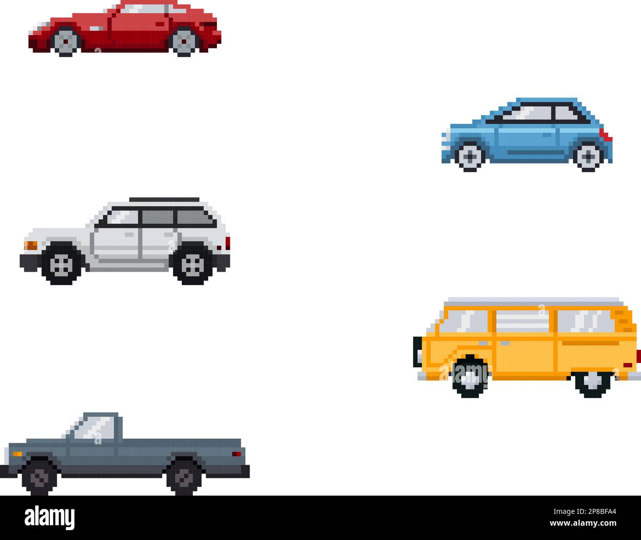 Set of different pixel art cars. Vector illustration Stock Vector Image