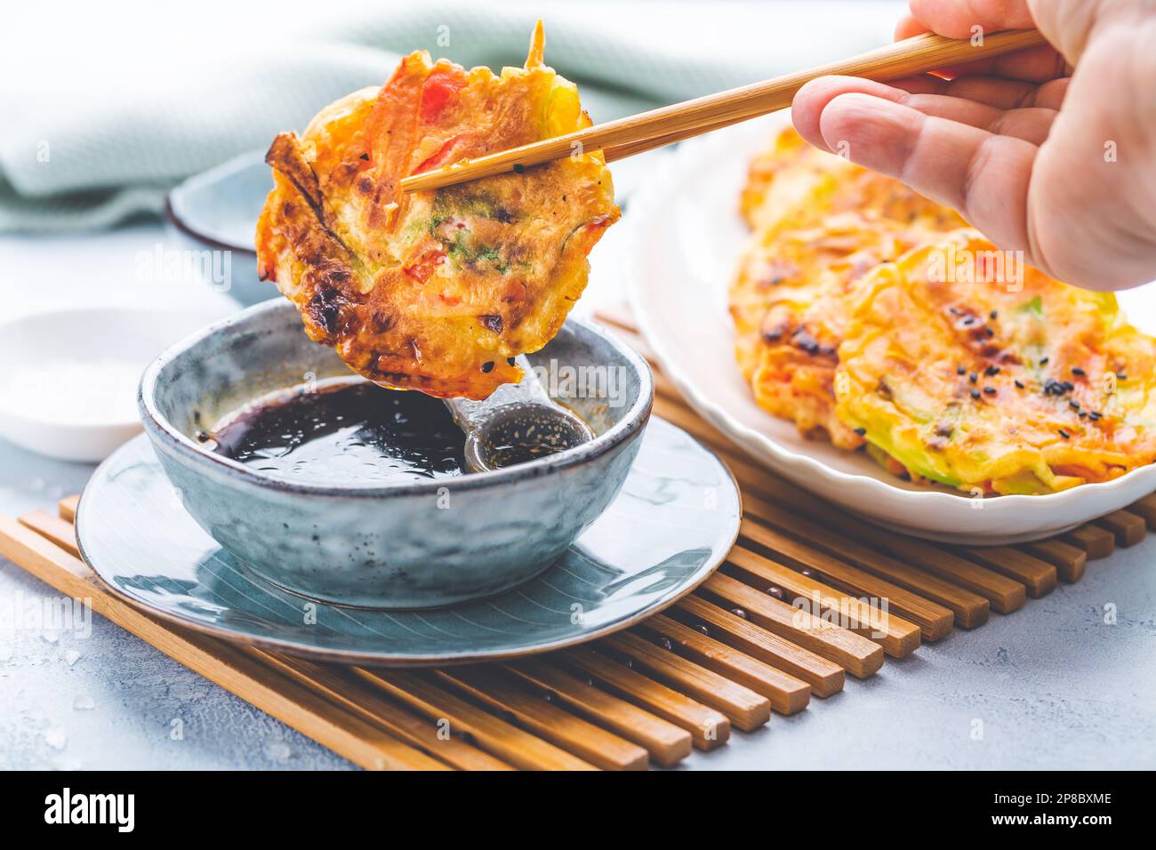 Korean vegetable pancakes with dipping sauce, Korean pizza Asian food
