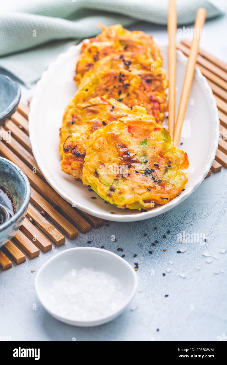 Korean vegetable pancakes with dipping sauce, Korean pizza - Asian food style Stock Photo